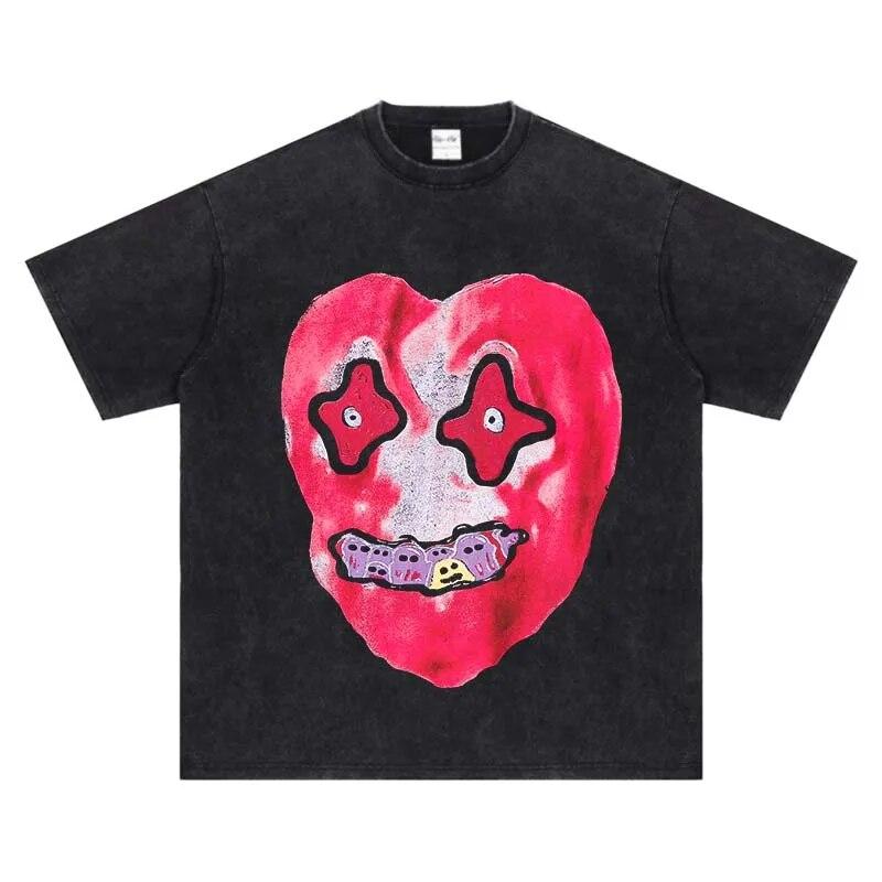 

2022 Men Hip Hop Washed T-Shirt Streetwear Funny Heart Monster Print T Shirt Harajuku Short Sleeve Tops Cotton Casual Tshirt
