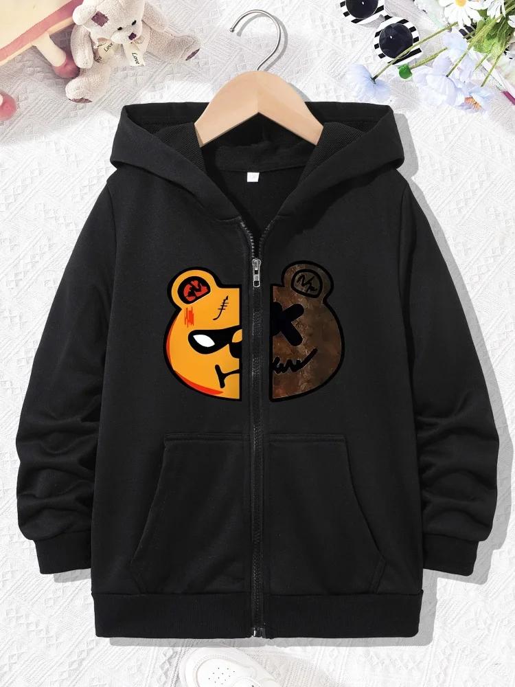 Kids Black Zip Up Hoodie Split Cool Bear Head Graphic Long Sleeve Pocket Casual Boys Streetwear Hooded Jacket