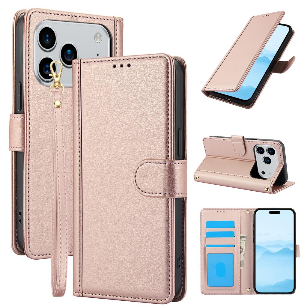 For iPhone 17 Pro Max Case PU Leather Stand View Phone Wallet Cover with Hand Strap
