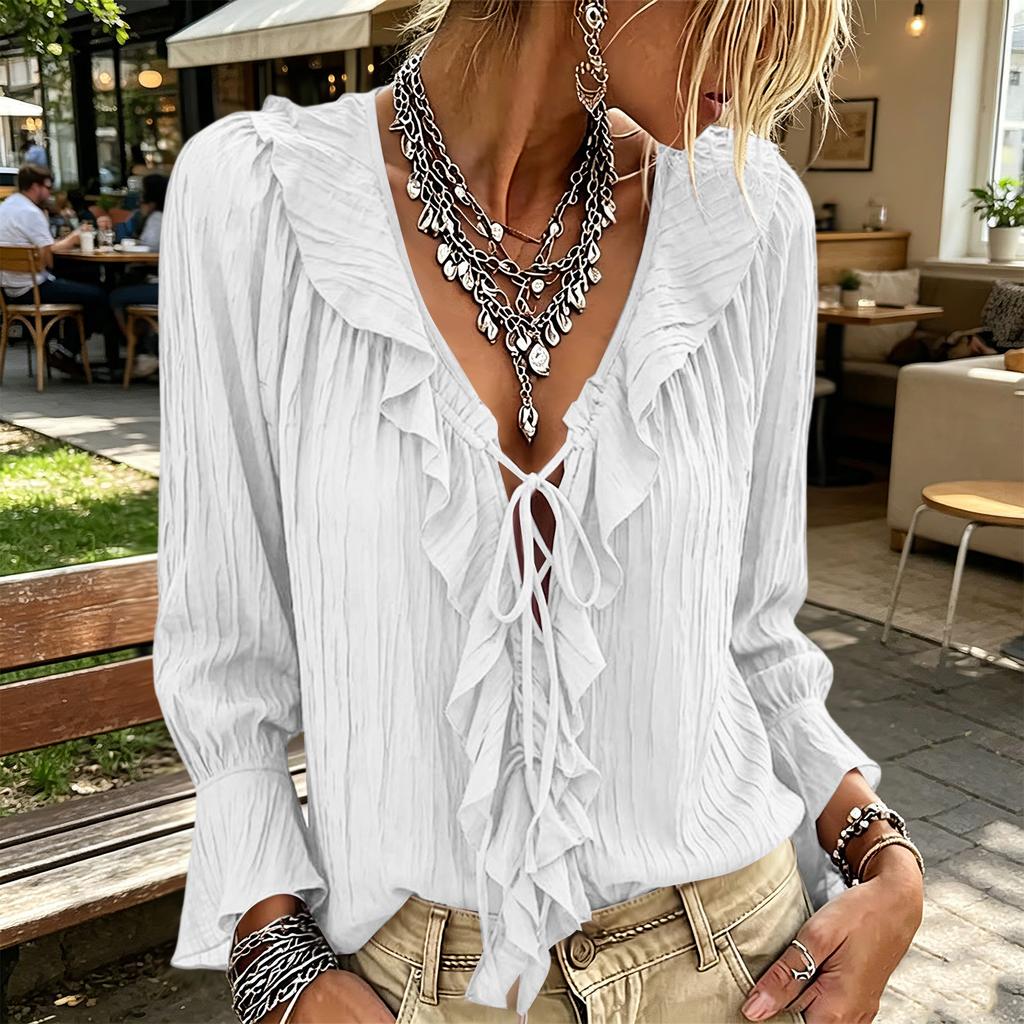 Women's Color V-Neck Ruffle Tie Long Sleeve Blouse Loose Fit Casual Top for Everyday Wear