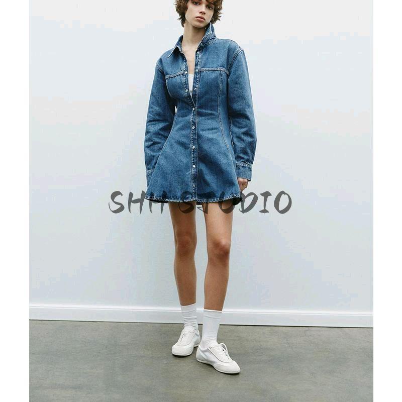 Spring New Women's Clothing Minimalist Easiest for Match Cotton Plaid Denim Lapel Mini Dress 8197083