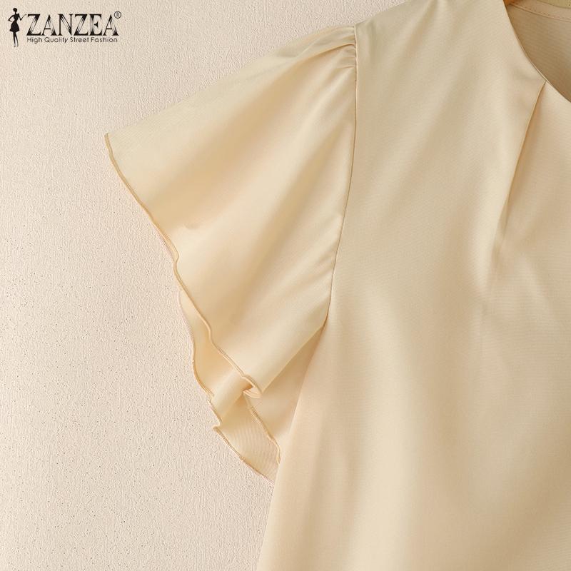 ZANZEA Kobiety Casualowy Dekolt V Falbany Rękaw Jednolity Kolor Letnia Bluzka