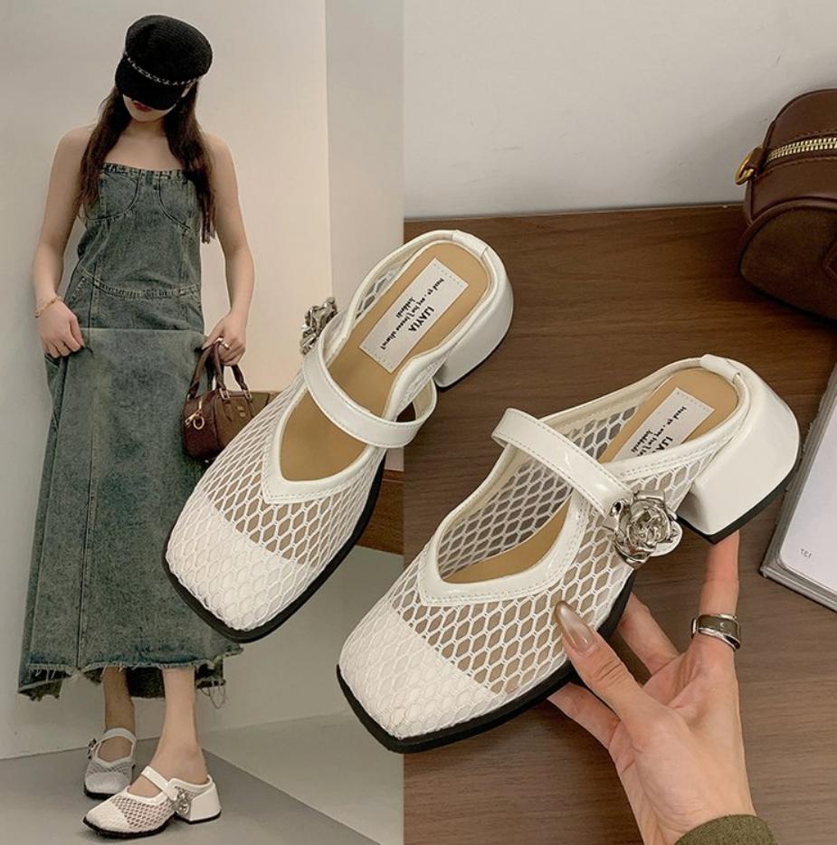 Fashion 2025 Summer Breathable Mesh Hollow Mules Slippers Women Square Head Mary Jane Shoes Women Chunky Heels Square Head Half Slippers