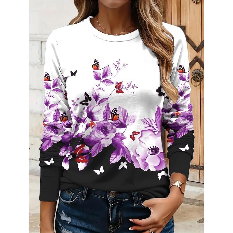 Women's 3D Butterfly Floral Print T-shirt Fashion Long Sleeve Round Neck Regular Tops Holiday Weekend Spring and Autumn