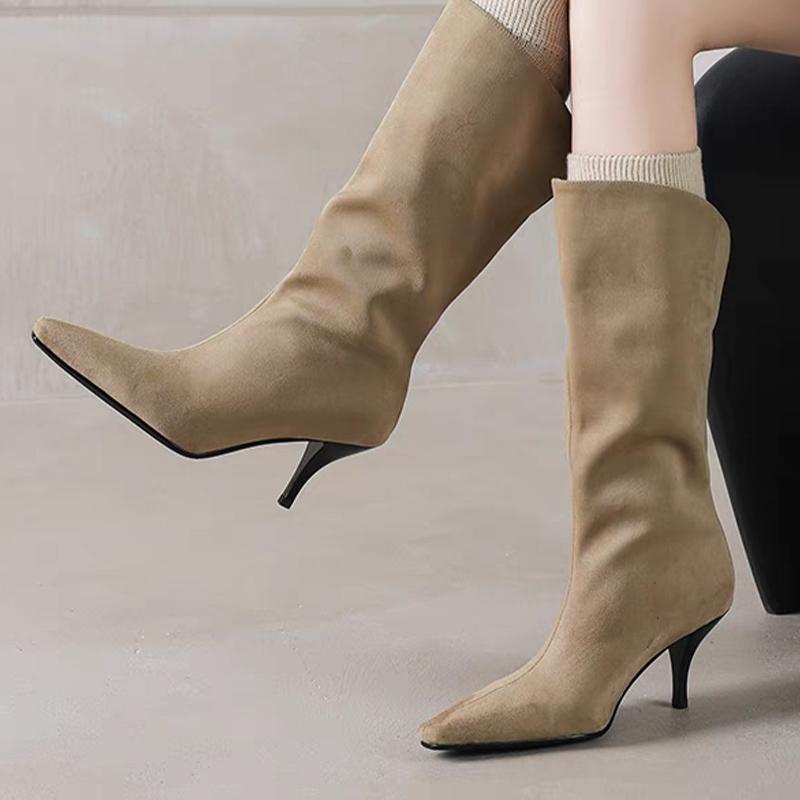 

Замшевые женские полусапожки с острым носком на среднем каблуке 2025 года, дизайнерские зимние ботинки челси, модные туфли-лодочки в готическом стиле Botas Mujer 35