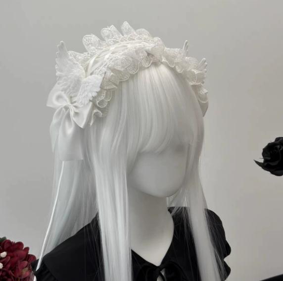 Gothic Angel Wings Maid Bonnet Hairband Lolita Girl Cosplay Costume Accessories Retro Adjustable Ruffles Solid Headwear Women