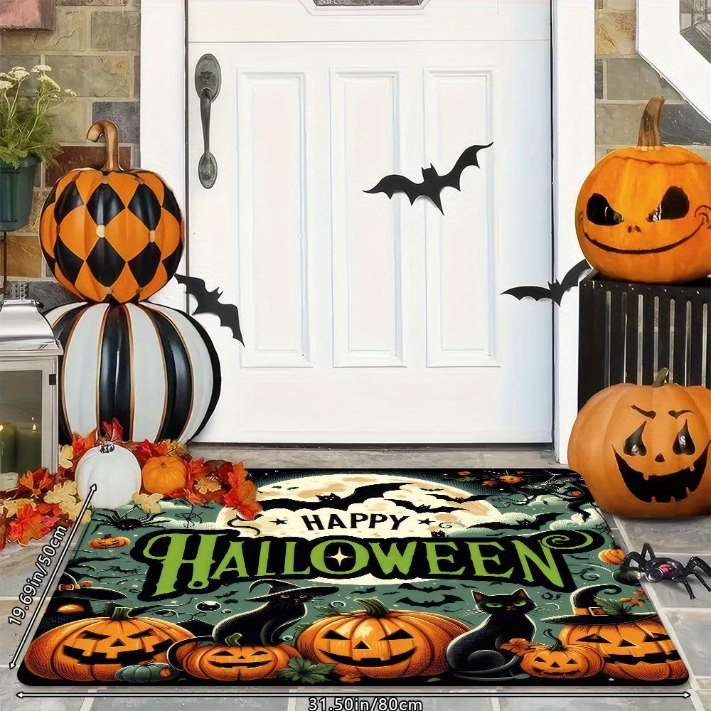 Halloween Pumpkin Cat Print Doormat, Spooky "Happy Halloween" Kitchen Rug, Absorbent Non-Slip Machine Washable Door Mat
