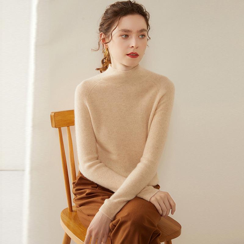 Women's Ribbed Cashmere Half-High Neck Sweater, Slimming Pullover, Long Sleeve Base Layer, Warm Knit Underlayer.