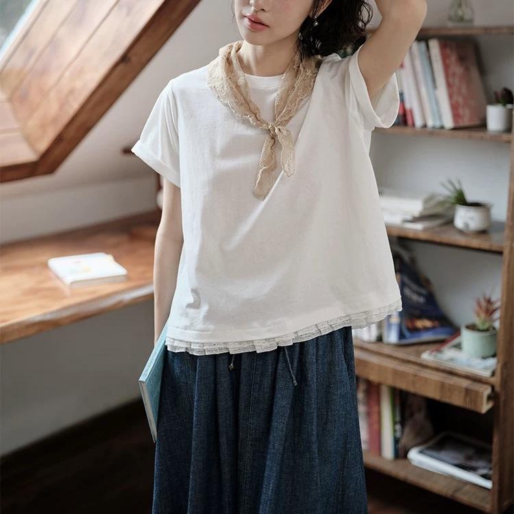 Women's Off-White Lace Short-Sleeve Top - Casual Japanese Literary Style for Summer