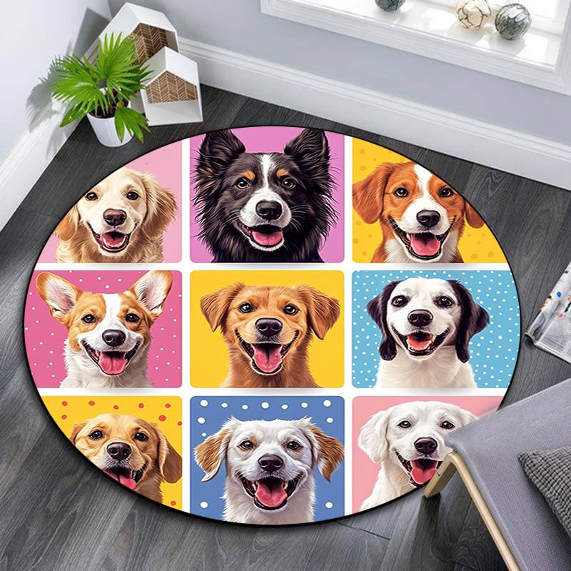 Happy Dog Round Area Rug,Carpet Rug for Living Room Bedroom Sofa Playroom Decor,Non-slip Floor Mat