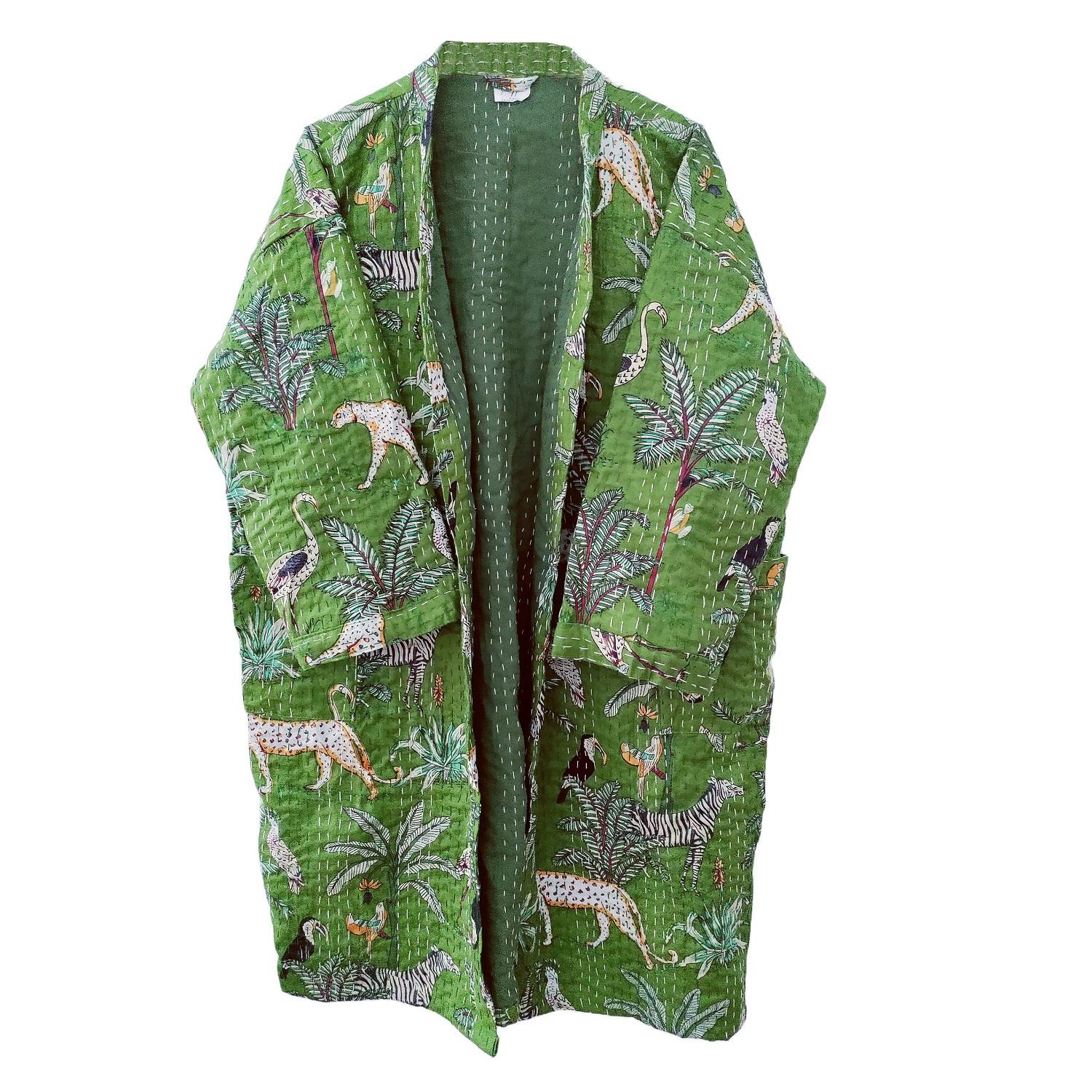 

Pranipat Handicrafts Хлопковая куртка с принтом животных, легкая, с открытой передней частью, средней длины, в стиле хиппи, женская куртка канха, свободный размер Free Size зелёный