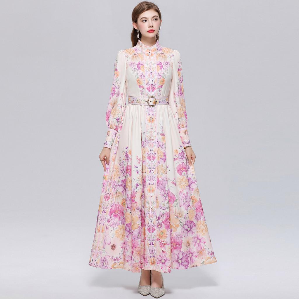 Abiti Lunghi da Festa Donna Primavera Autunno Vintage Stampa Floreale Rosa da Sfilata Manica Lunga Monopetto con Cintura