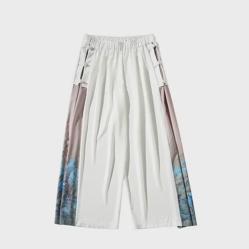 Men's Summer Ice Silk Hanfu Pants: Ancient Style Nine-Point with Chinese Print and Pendant Details.