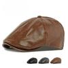 British Retro PU Leather Beret Hat for Men Women Vintage Distressed Flat Cap 6-Panel Newsboy Cap Autumn Winter Warm Peaked Cap Wearable Both Ways