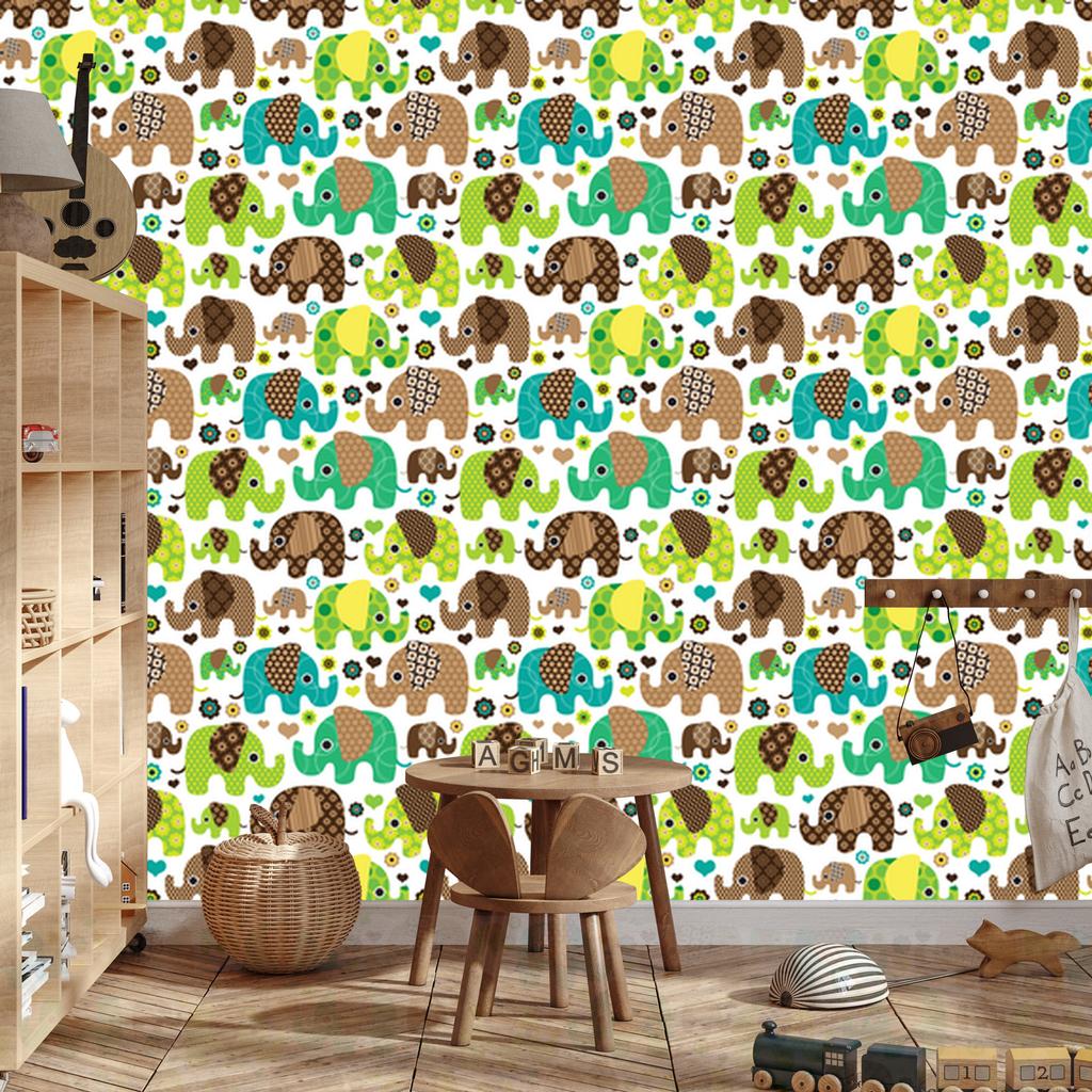 Wallpaper Elephants Animals Flowers Hearts for Living Room and Bedroom 50x1000