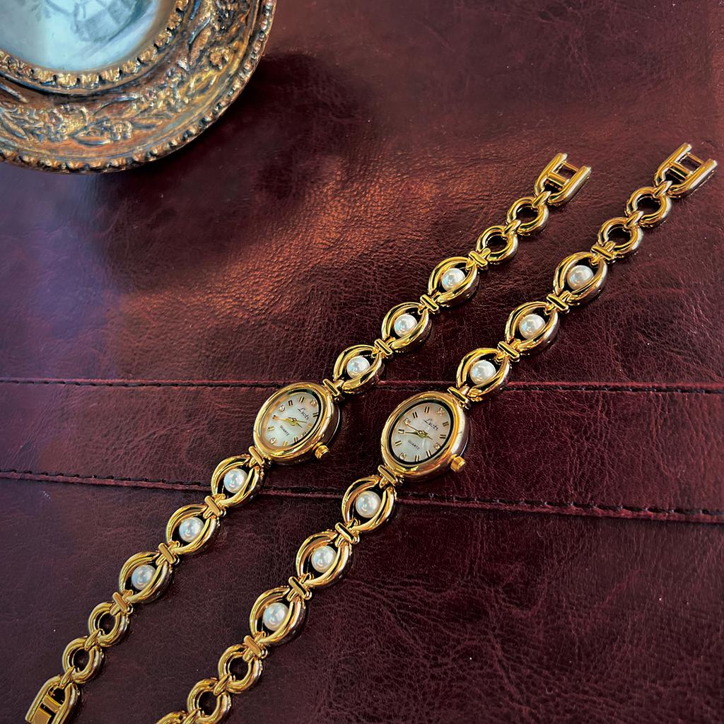 Francouzské Módní Elegantní Dámské Perlový Pásek 30m Vodotěsné Oválné Křemenné Náramkové Hodinky Pro Každodenní Nošení Hodinky na Dovolenou pro Ženy