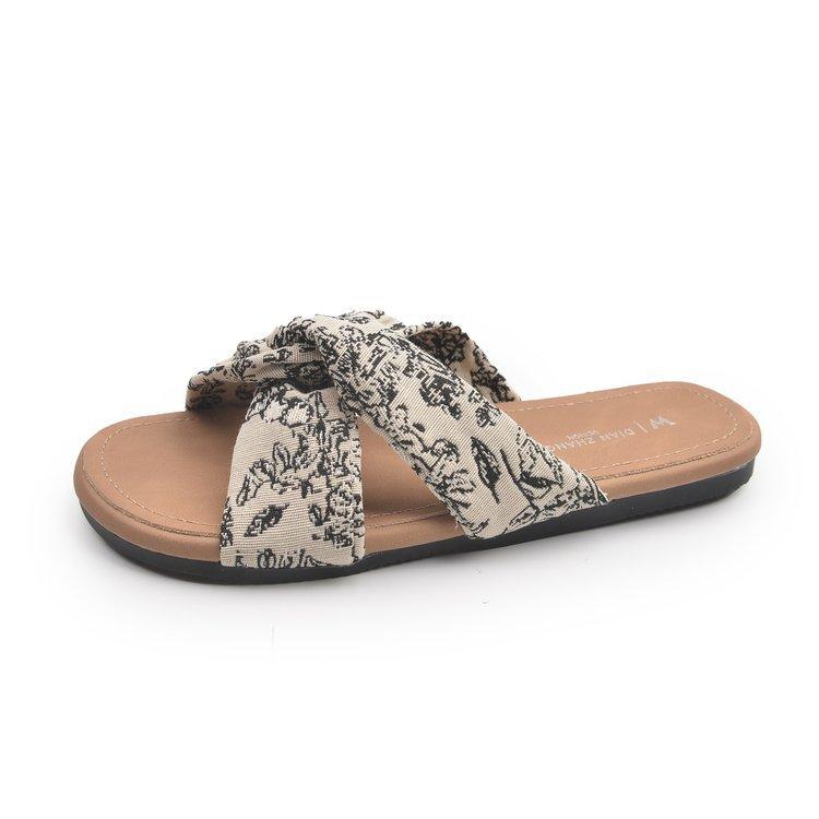 

Retro floral soft and gentle outer slippers women are not tired in summer, flat feet one word sandals women 40 бежевый