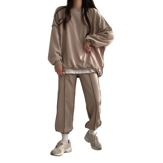 

2 шт./комплект женский топ брюки комплект круглый вырез длинный рукав однотонный цвет M хаки