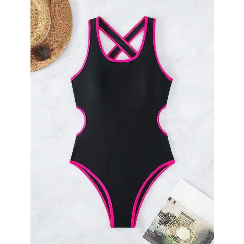 

Сексуальный неоново-зеленый черный лоскутный купальник женский с вырезами на спине крест-накрест, открытой спиной, утягивающий живот, слитный купальник 2025 XL горячий розовый