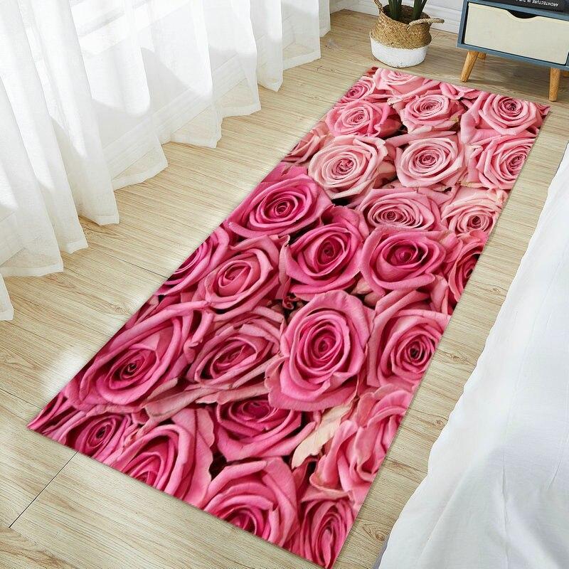Non Slip Living Room Decorative Mat Rose Flower Washable Hallway Entry Area Rug for Bedroom Fluffy Carpet