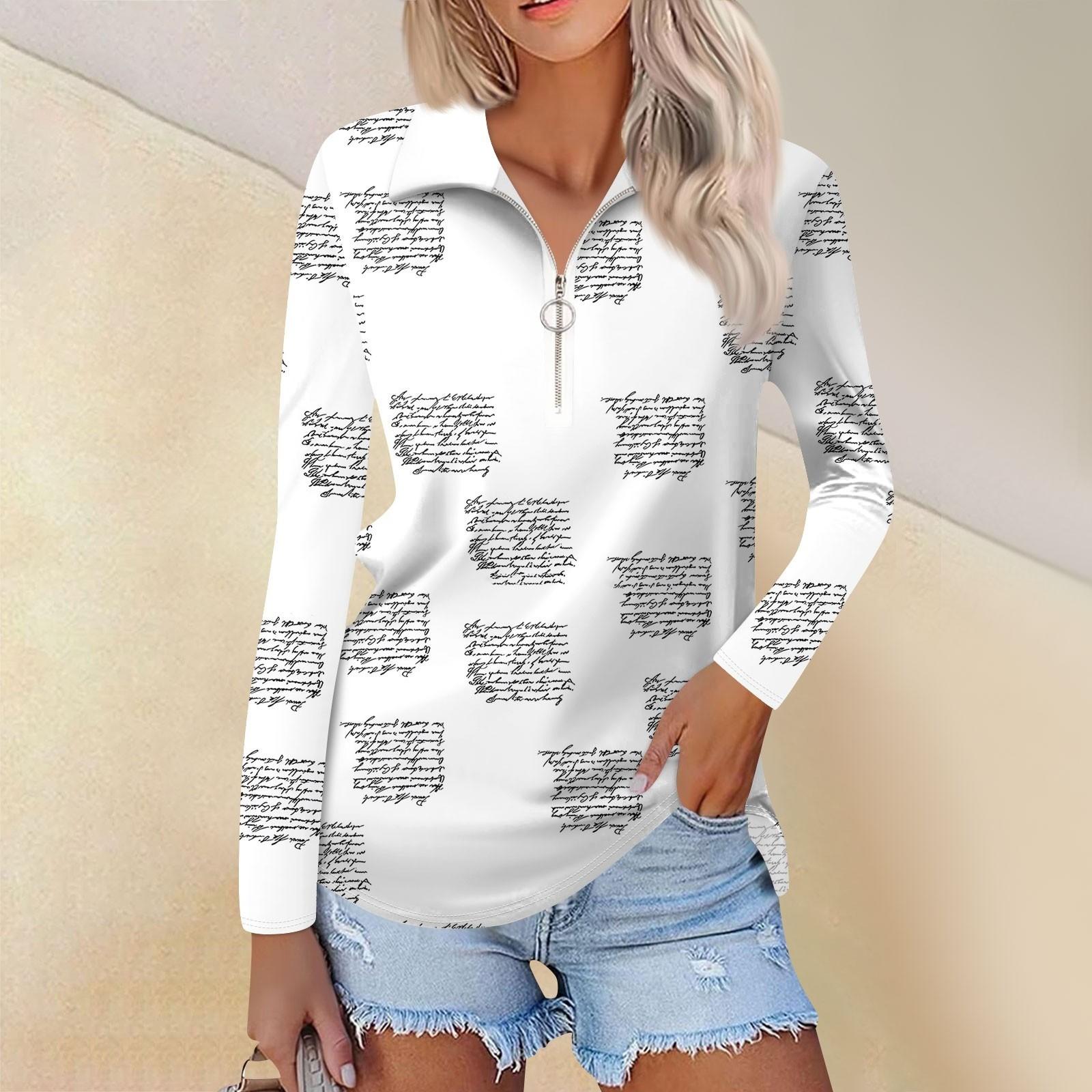 

Женская весенняя и модная повседневная рубашка с принтом на молнии с V-образным вырезом и длинным рукавом XL белый