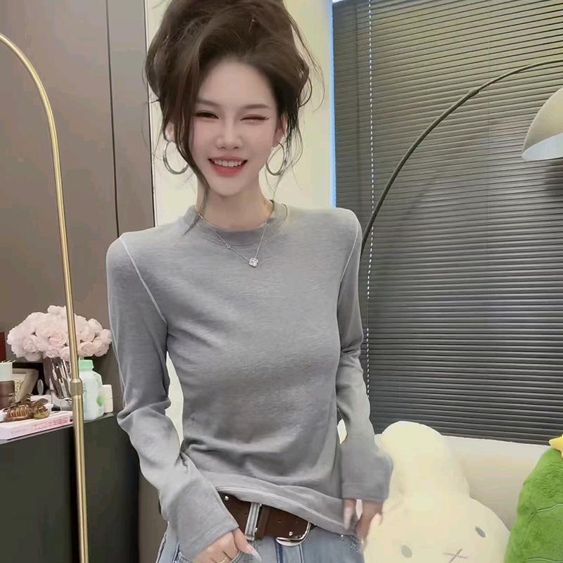 2025 Autumn/Winter Women's Stylish Round Neck Long Sleeve Plus Velvet T-shirt, Inner/Outer Base Layer