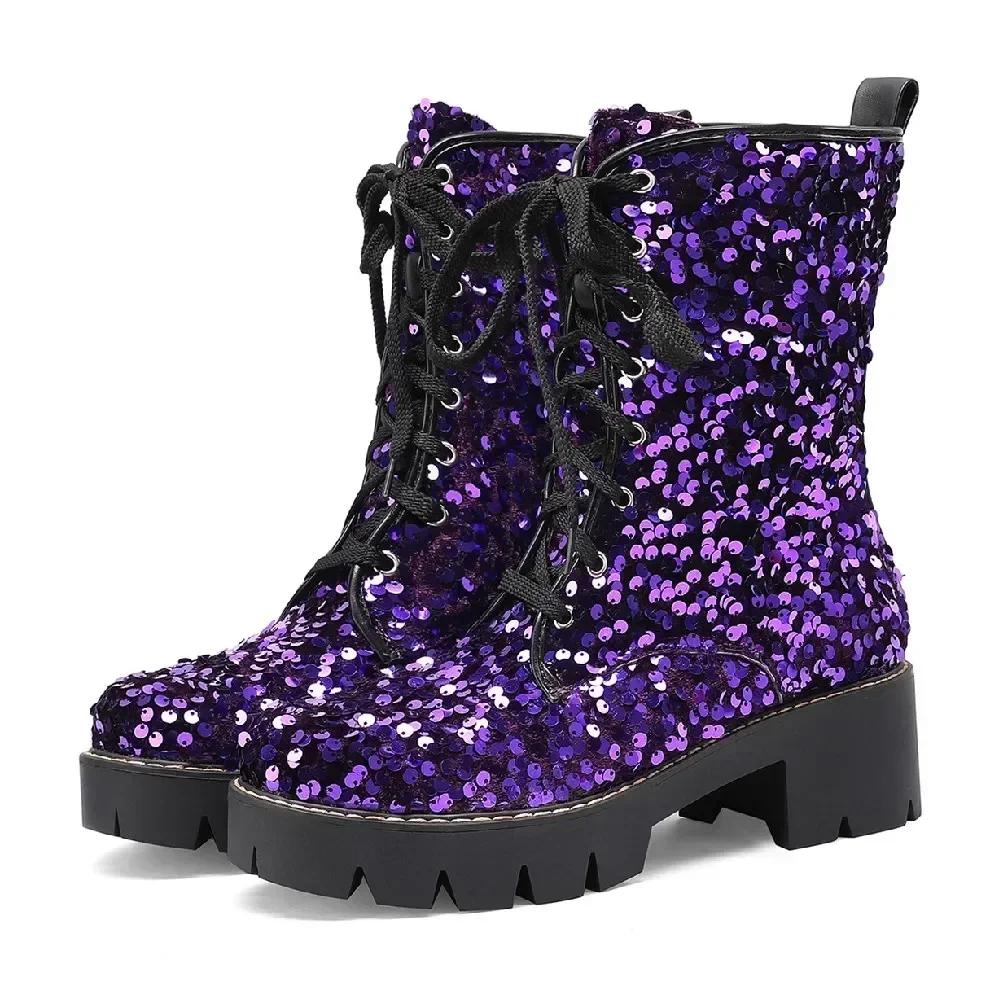 Pink Bling British Women Platform Ankle Boots Gold Sequined Cloth High Thick Heels Round Toe Lace-up Ladies Platform Short Boots