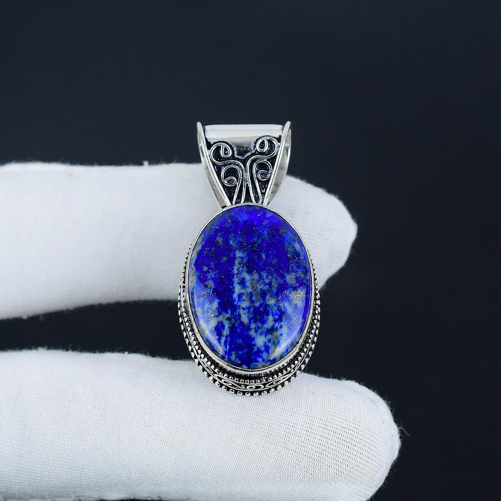 Natürlicher Lapislazuli Edelstein Silberanhänger in 925 Sterling Silber - Handgefertigtes ovales Design, Alltagsschmuck Verlobungsgeschenk