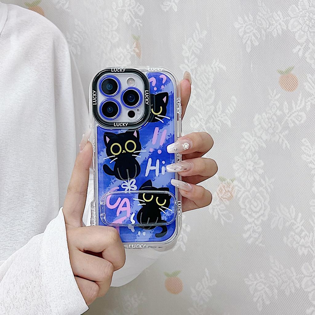 Ins Purple Cartoon Black Cat Stand for Apple 14 Mobile Phone Case 13ProMax New for IPhone1