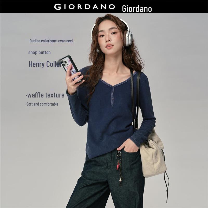 GIORDANO Женская вафельная футболка-хенли с длинным рукавом в стиле Лу Чжэнъи Star Style XL