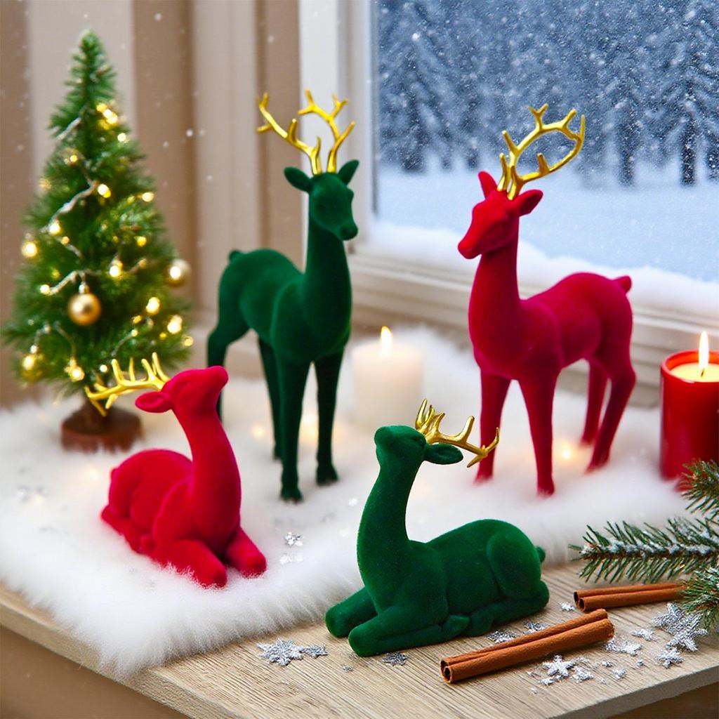 Flocking Reindeer Christmas Decor Set - Red Green Elk Statues for Workplace, Tabletop, Kitchen, Party Seasonal Display