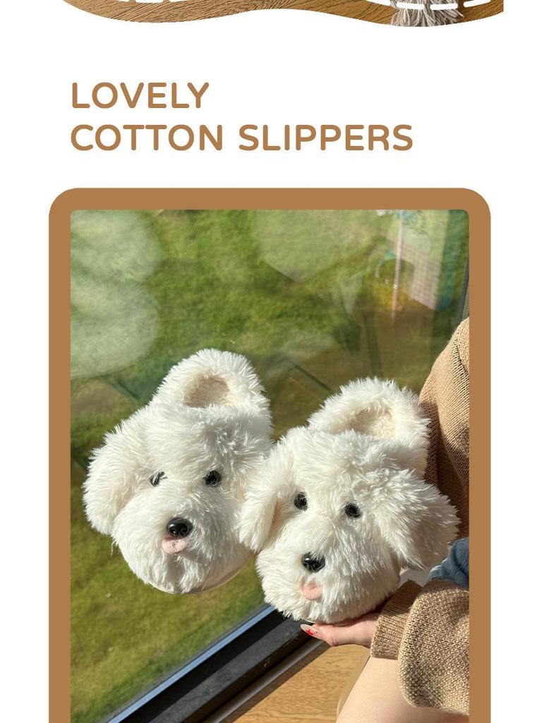 2025 Cute Tongue-Out Puppy Faux Fur Bag & Slippers - Thick-Soled, Warm, Non-Slip Cotton Shoes for Men & Women (Autumn/Winter)