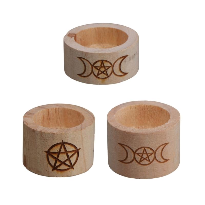 Wood Candlestick Pentacle Carved Tealight Holder Desk Decoration for Tarot Card Reader