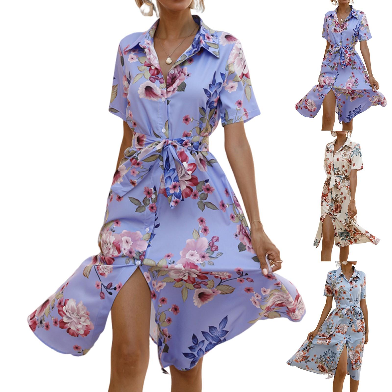 

Women s Dresses Casual Elegant Shirt Lapel Full Open Button Short Sleeve Dresses L синій