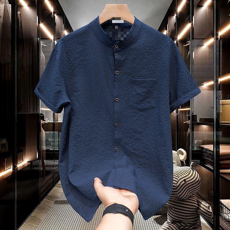 Summer Men's Shirt Short Sleeved Bubble Gauze Stand Up Collar