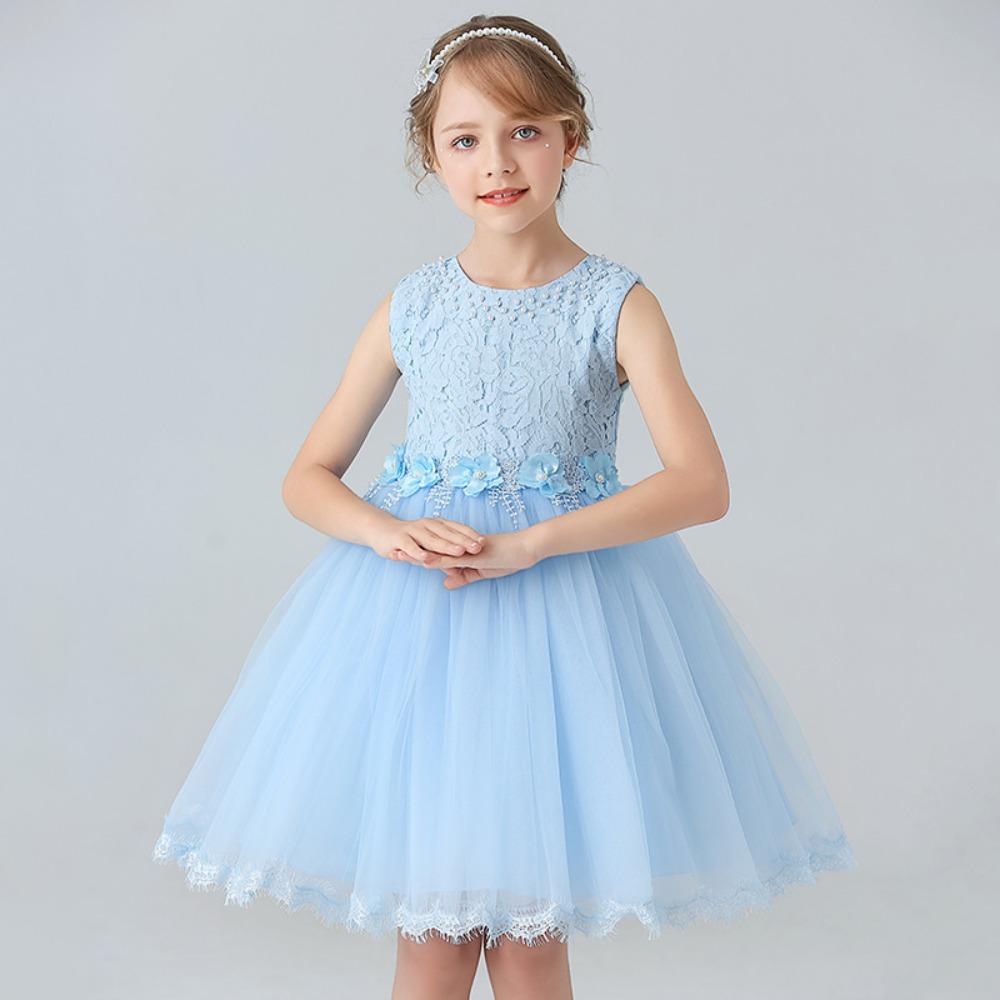 Girls' White Lace Mesh Princess Dress Sleeveless Round Neck Beaded Flower Girl Skirt Children's Wedding Bridesmaid Birthday Party Performance Dress