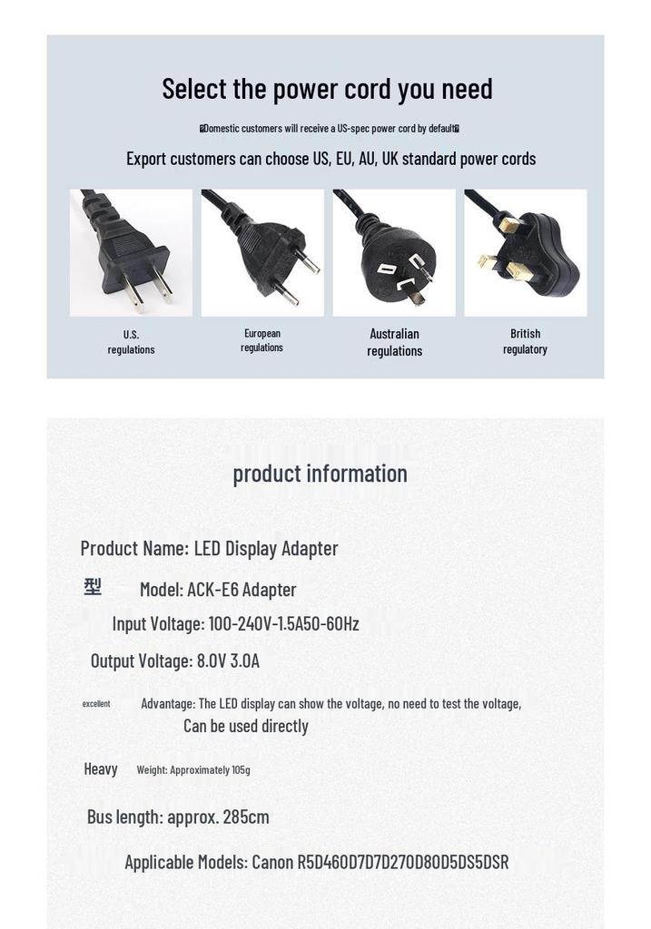 LPE6 Dummy Battery Power Adapter for Canon EOS R, R5, R6, 5D4, 5D3, 5D2, 70D