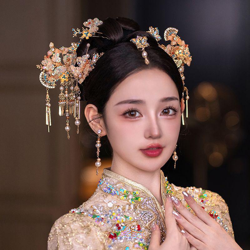 Chińska biżuteria ślubna na głowę: 2025 Spinka do włosów z Koroną Feniksa i Frędzlami do Sukni Smoka i Feniksa.