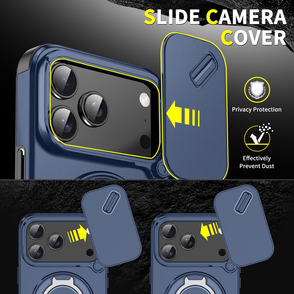 Robust magnetisk stativdeksel for iPhone 17 16 15 14 13 12 11 Pro Max 16 og 17 Air Ringbrakett Skyvekamera-beskyttelsesdeksel