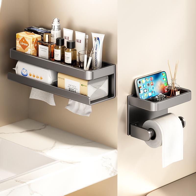 

Toilet Roll Tissue Holder No Punching Roll Paper Drawing Toilet Paper Holder Bathroom Toilet Toilet Paper Storage Shelf Elegant black, paper rack 18cm