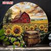 D Flat Pc Classic Metal Sign Featuring Red Barn And Sunflowers In A Field Round Poster Round Wall Art for Cafe Beach House B