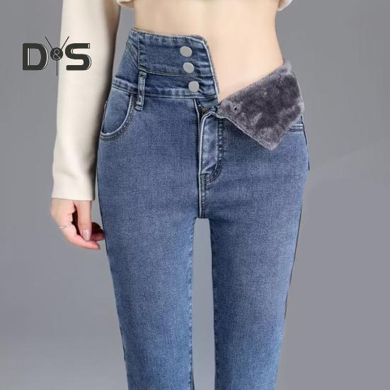 Women Winter Jeans High Waist Faux Fur Lining Slim Fit Button Closure Soft Warm Thick Solid Color Pockets Pencil Pants Lady Autumn Trousers