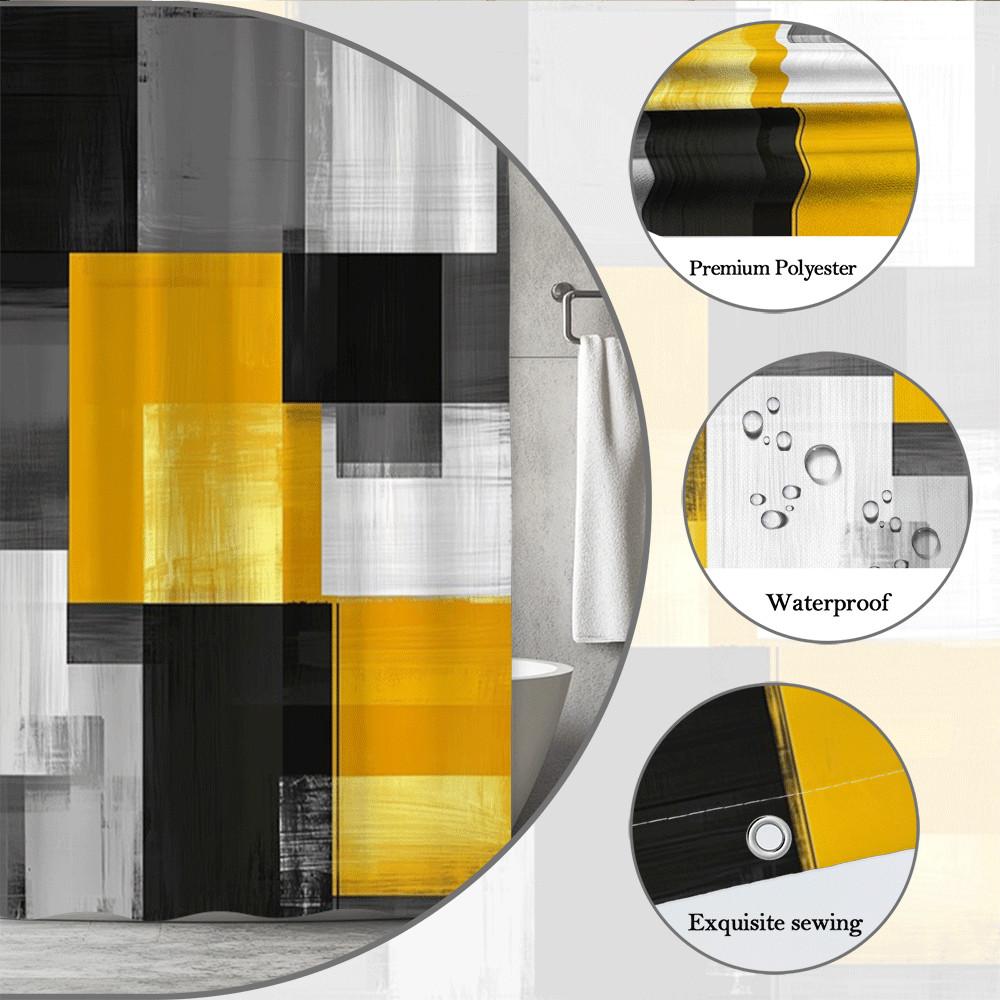 Abstract Geometric Shower Curtain Yellow Black White Blocks Modern Art Design Bold Contemporary Decor Waterproof Elevate Space