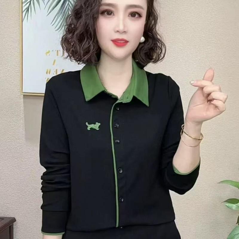 

YYFS Женские модные повседневные весенне-осенние блузки и рубашки с принтом в стиле колор-блок, с длинным рукавом и воротником поло XXXXXL