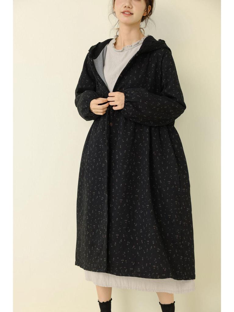 Herbst/Winter Floral Mori Stil Kapuzen Baumwolle Leinen Kleid Mantel für Damen