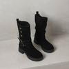 Krazing Pot Cow Suede Round Toe Thick Heels Motorcycle Boots Size 42 Back Zip Women Keep Warm Metal Button Mid-calf Boots