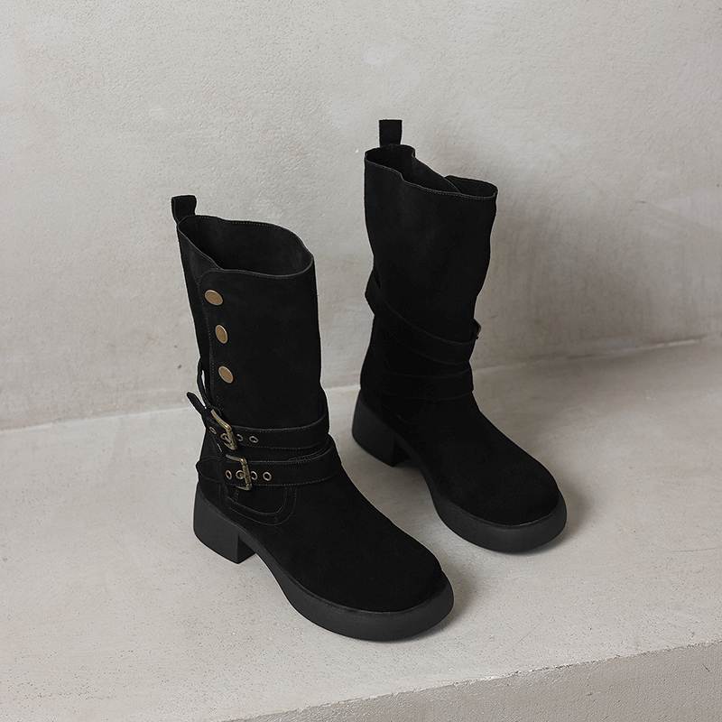 Krazing Pot Cow Suede Round Toe Thick Heels Motorcycle Boots Size 42 Back Zip Women Keep Warm Metal Button Mid-calf Boots