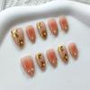 10Pcs French Short Almond Press On Nails Spring Green Gilded Drip Glue Cute Flower Fake Nails