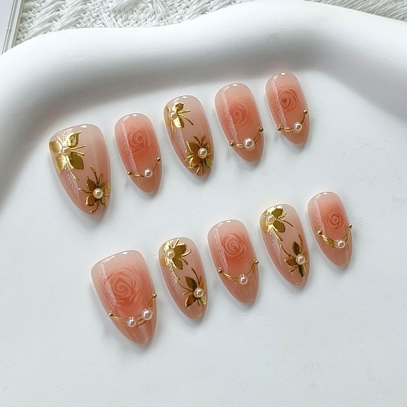 10Pcs French Short Almond Press On Nails Spring Green Gilded Drip Glue Cute Flower Fake Nails