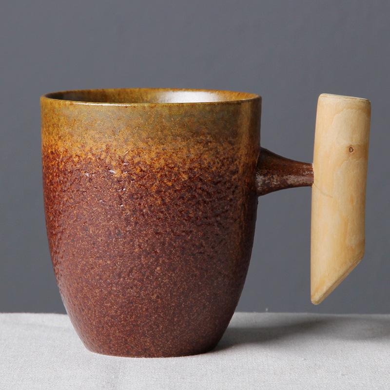 Japanese-style Retro Vintage Ceramic Manual Coffee Mug With Wooden Handle Tumbler Rust Glaze Tea Milk Beer Cup Home Drinkware